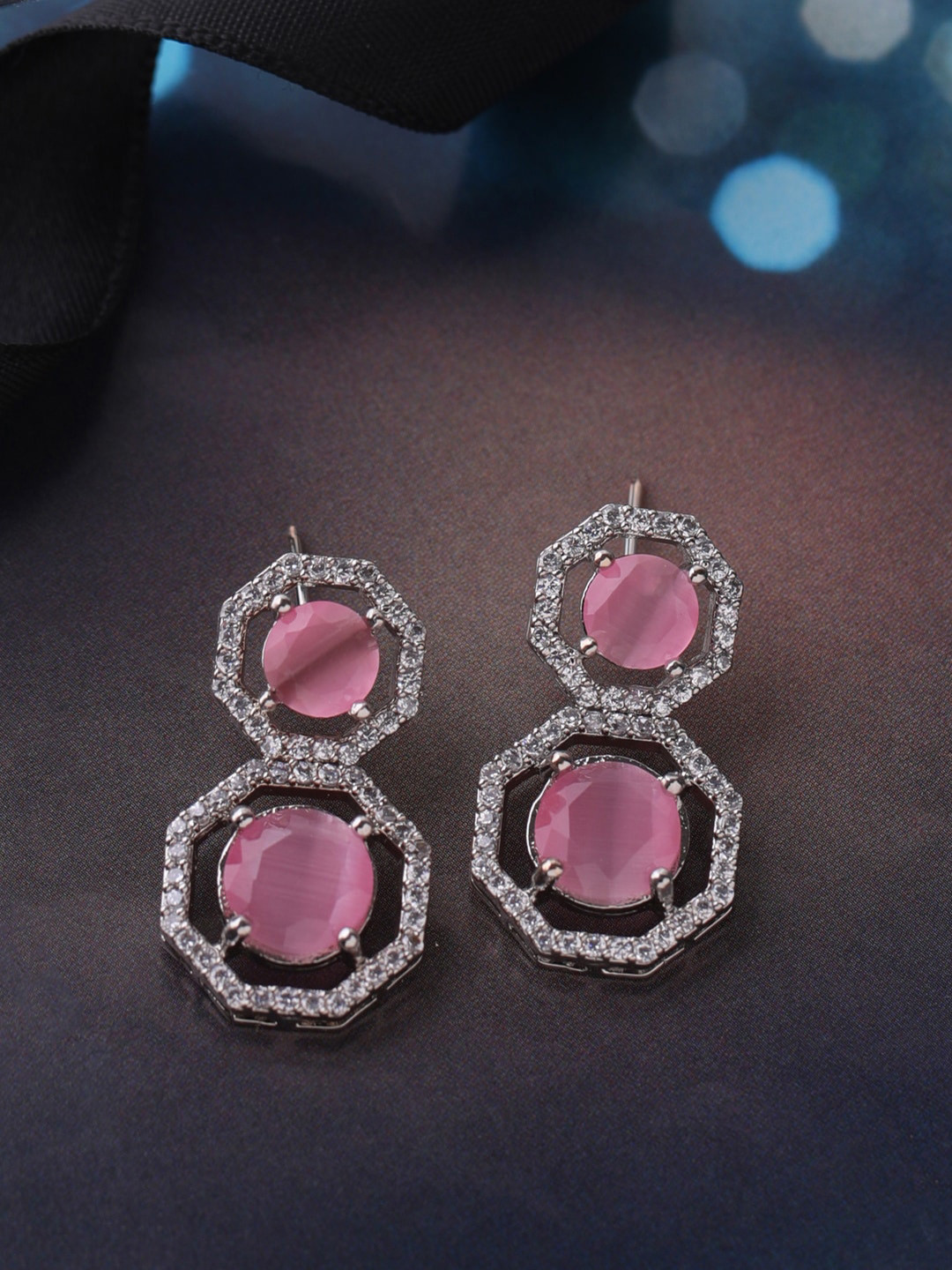 THE AAB STUDIO Silver-Plated & Pink Geometric Drop Earrings