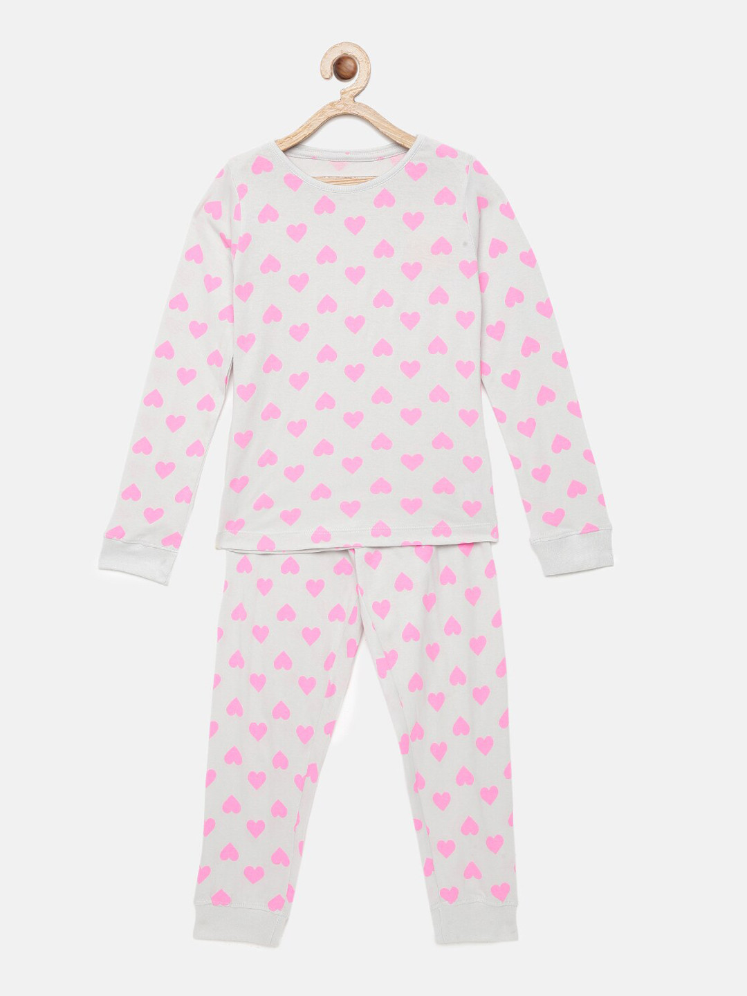 mackly Girls Cream & Pink Printed Night Suit