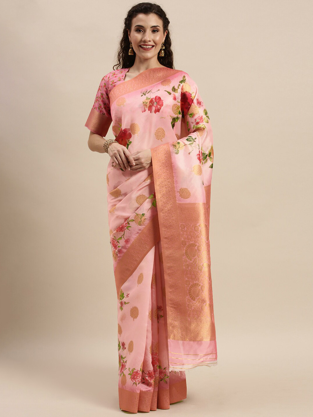 Kvsfab Pink & Green Woven Design Silk Cotton Saree