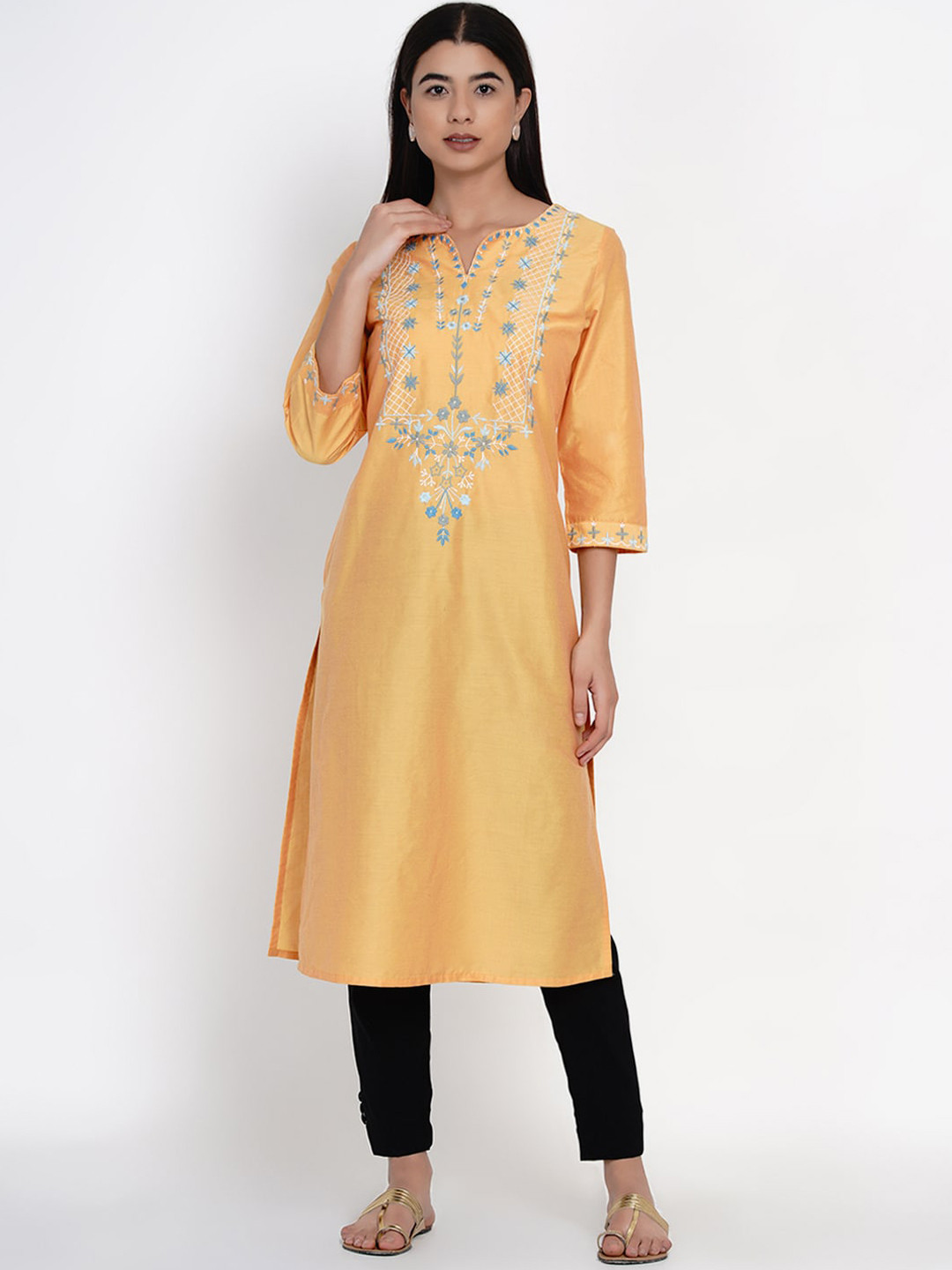 IX IMPRESSION Women Yellow Embroidered Thread Work Kurta