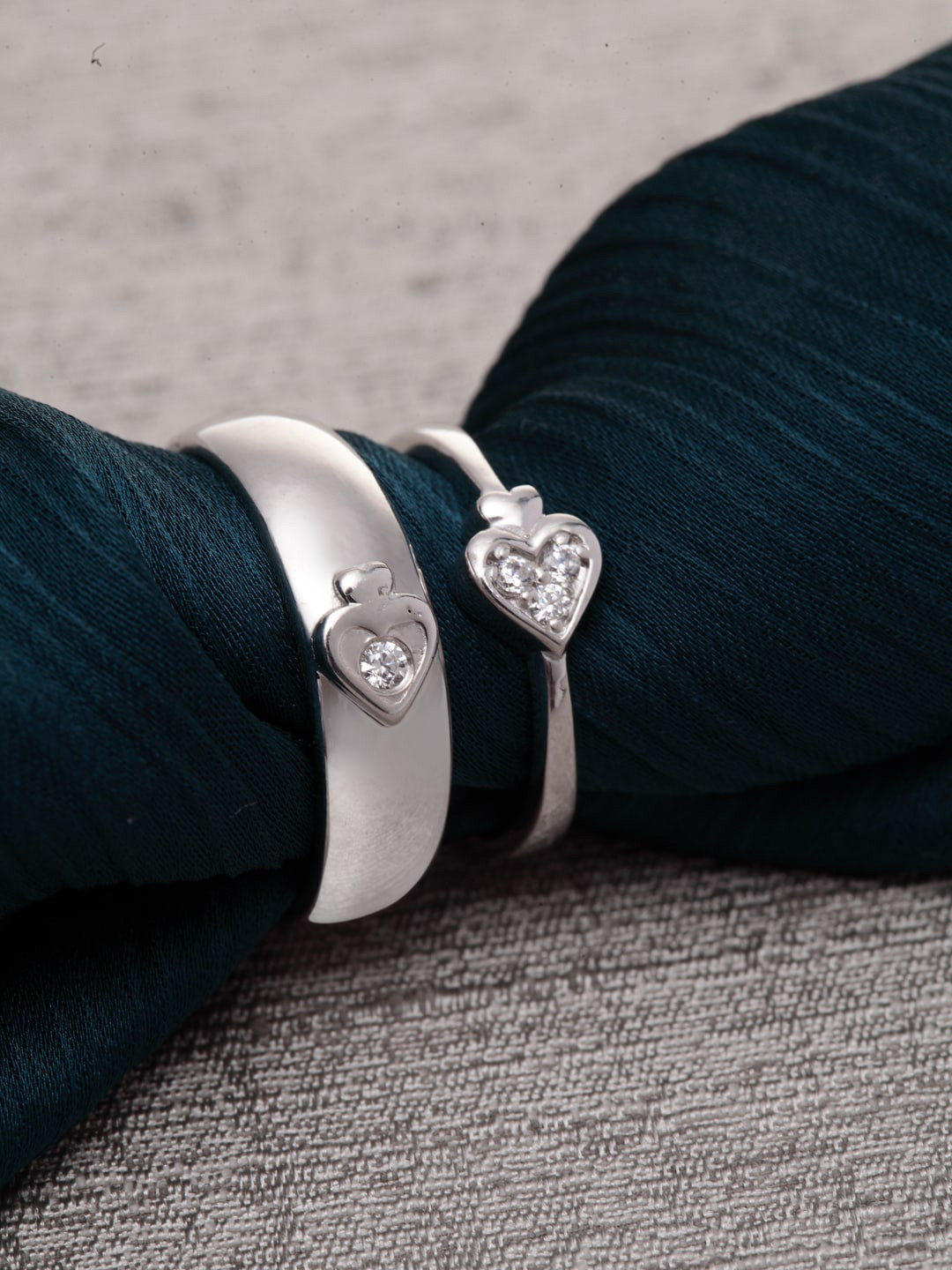 Clara Set Of 2 Pure 925 Sterling Silver CZ-Studded Spade Adjustable Couple Finger Rings