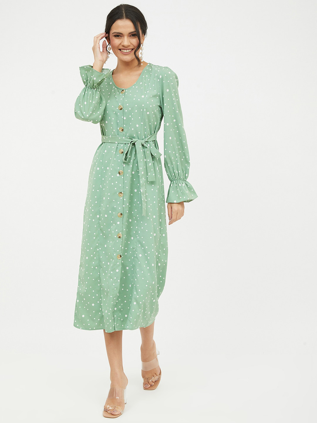 Harpa Green Floral Print Crepe A Line Midi Dress
