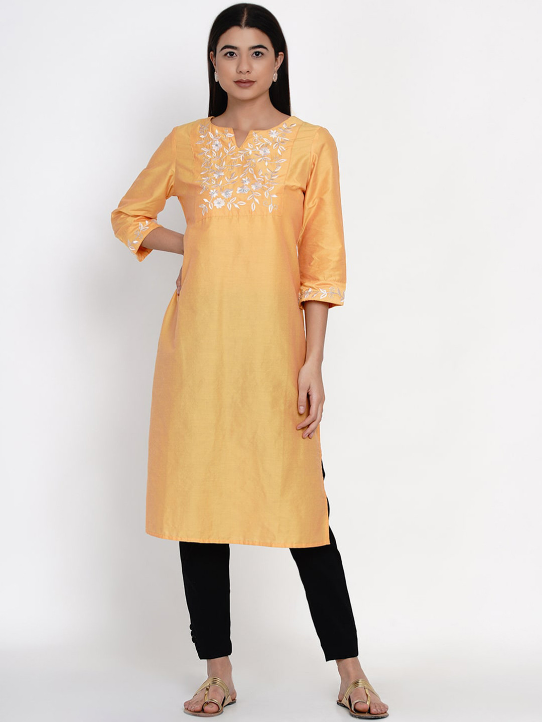 IX IMPRESSION Women Yellow Ethnic Motifs Yoke Design Thread Work Kurta