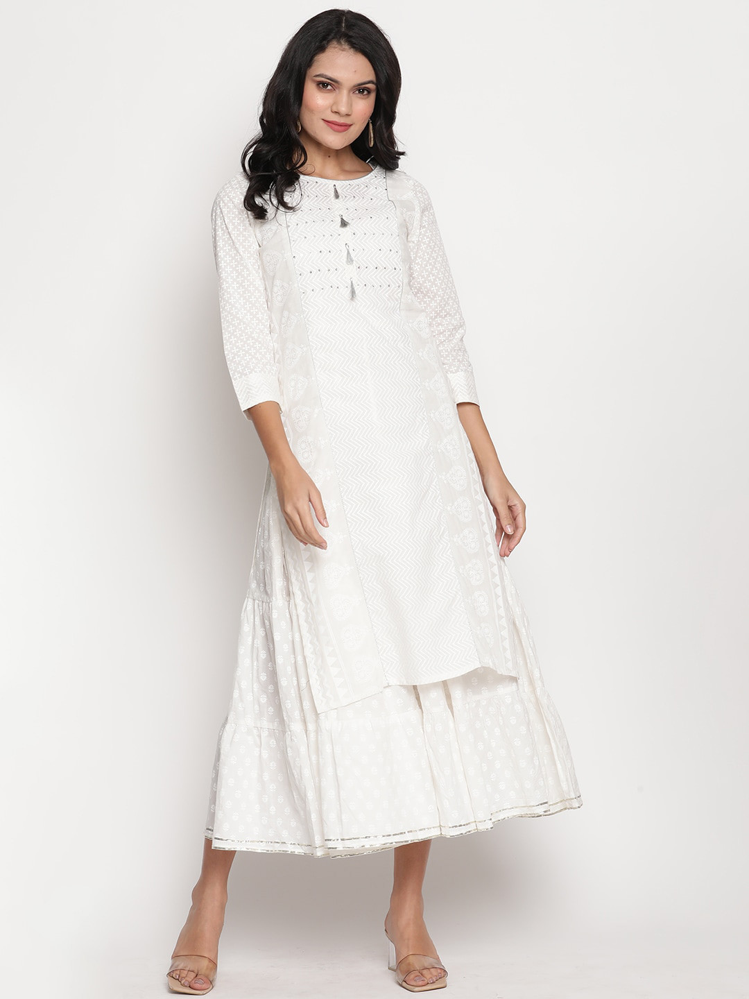 Be Indi White Ethnic Motifs A-Line Midi Dress