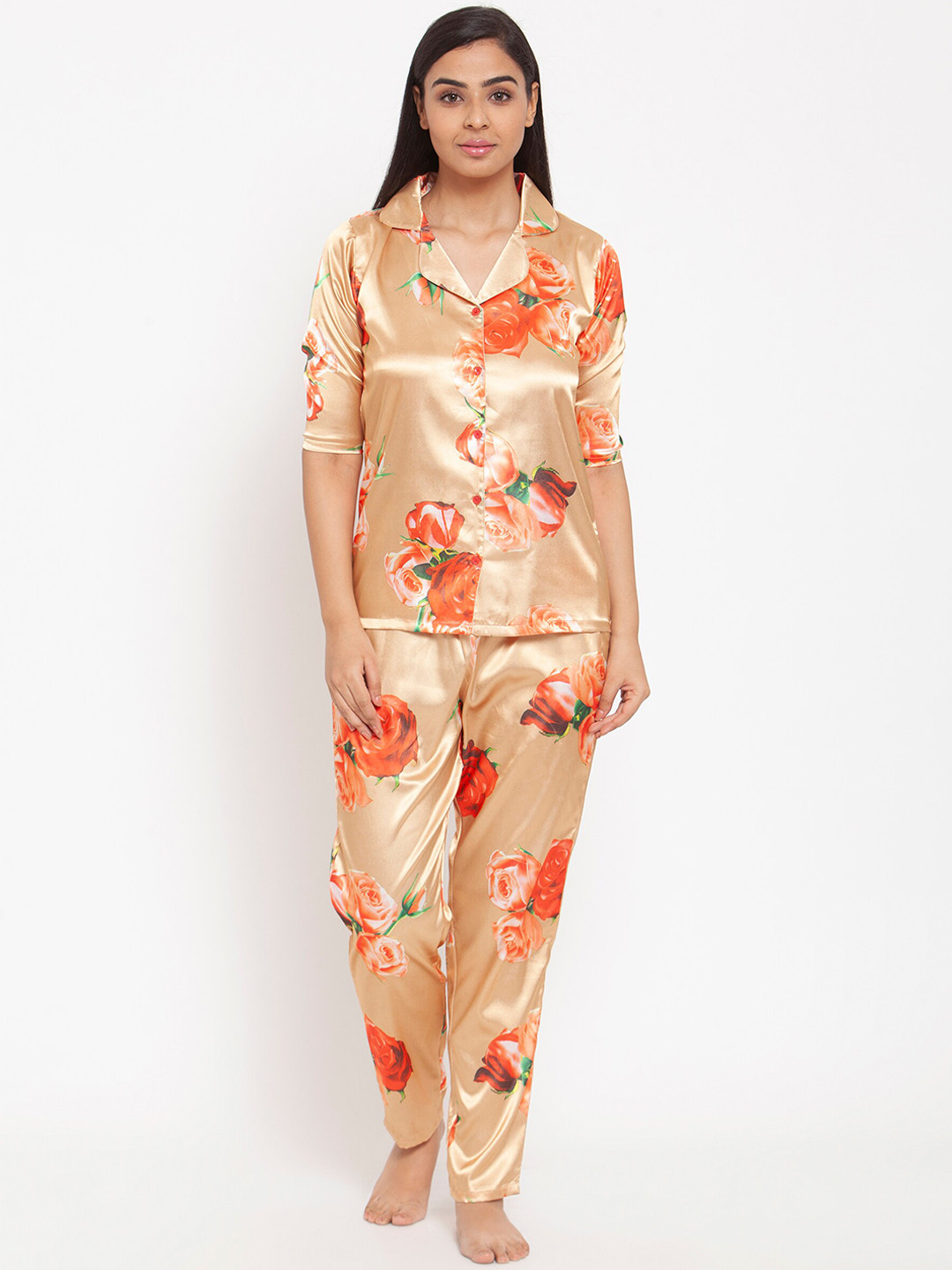 Claura Women Gold & Orange Printed Satin Night Suit