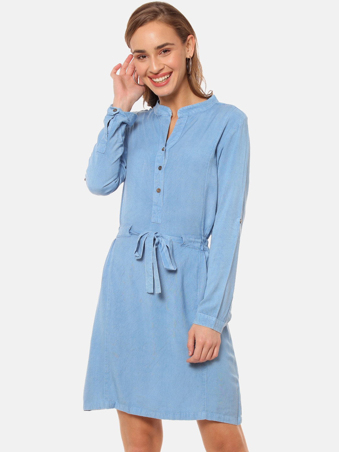 Campus Sutra Blue Solid Knee Length A-Line Dress