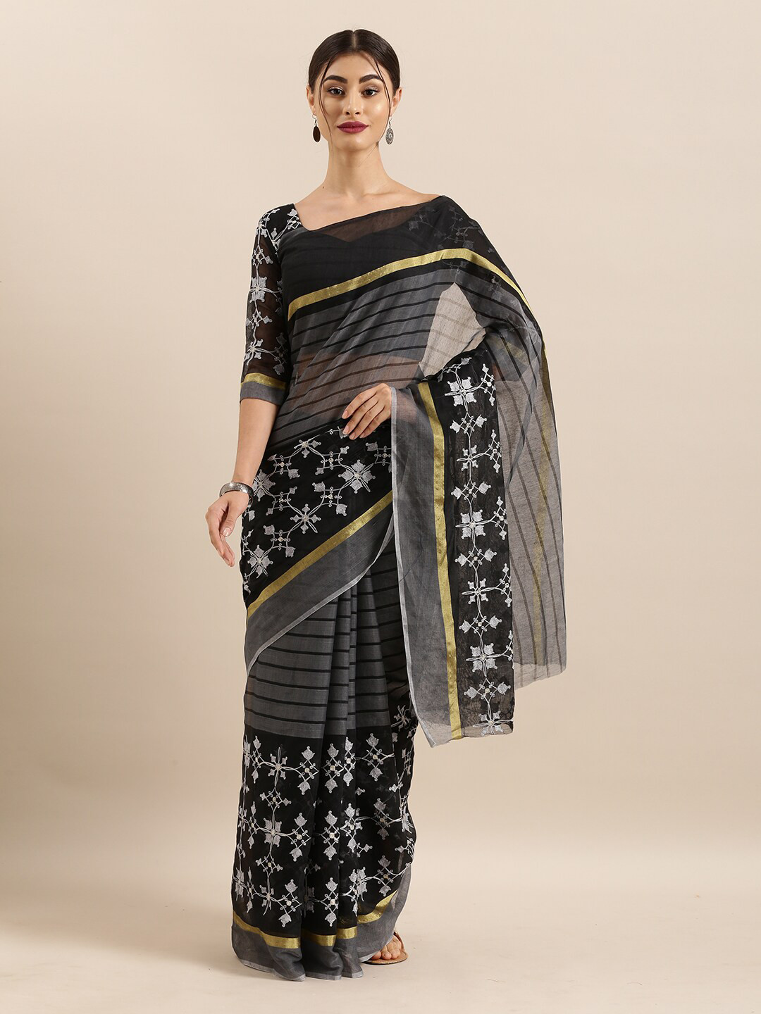 Kvsfab Black & Gold-Toned Striped Embroidered Saree
