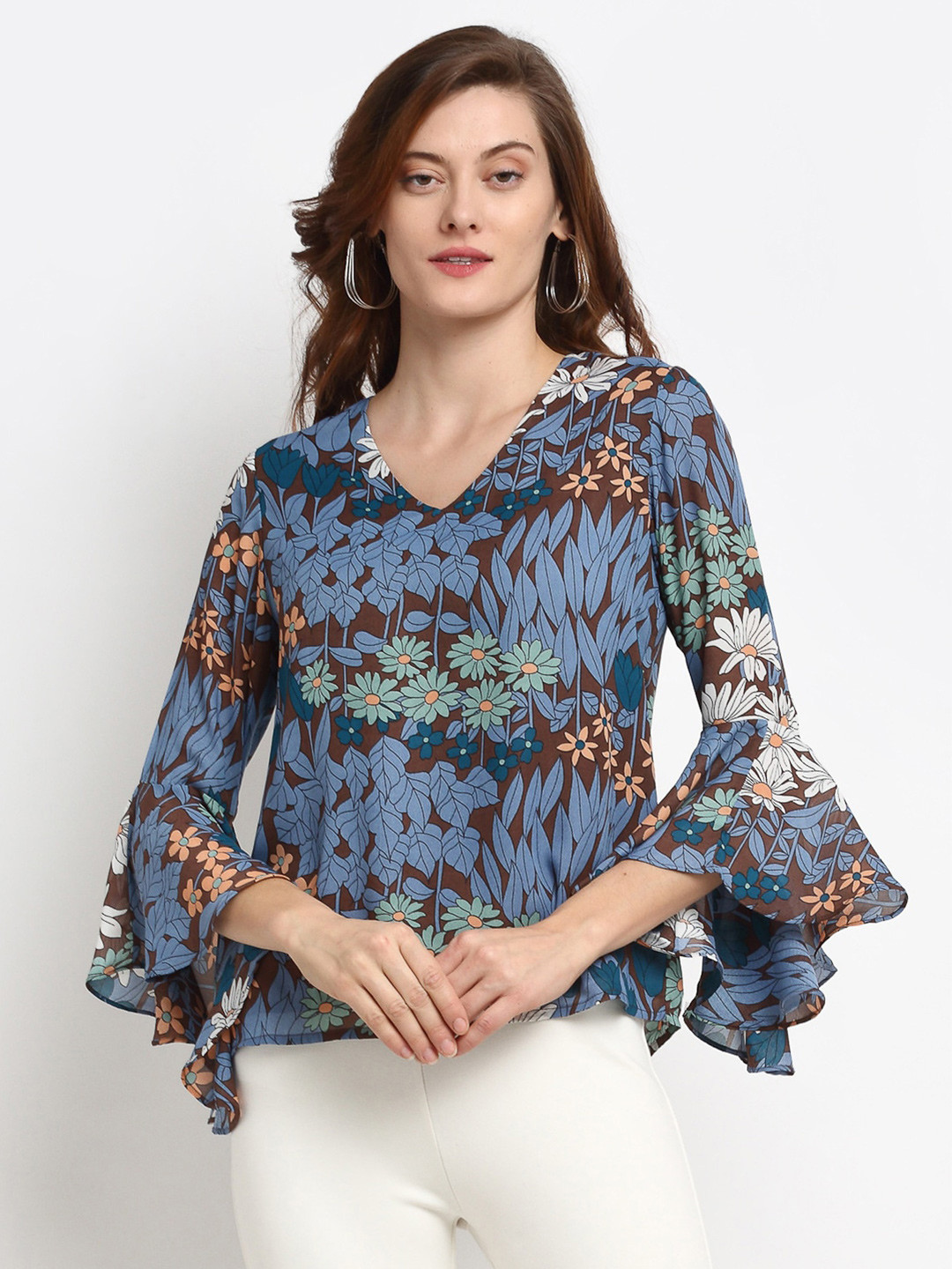 Gipsy Coffee Brown Floral Georgette A-Line Top