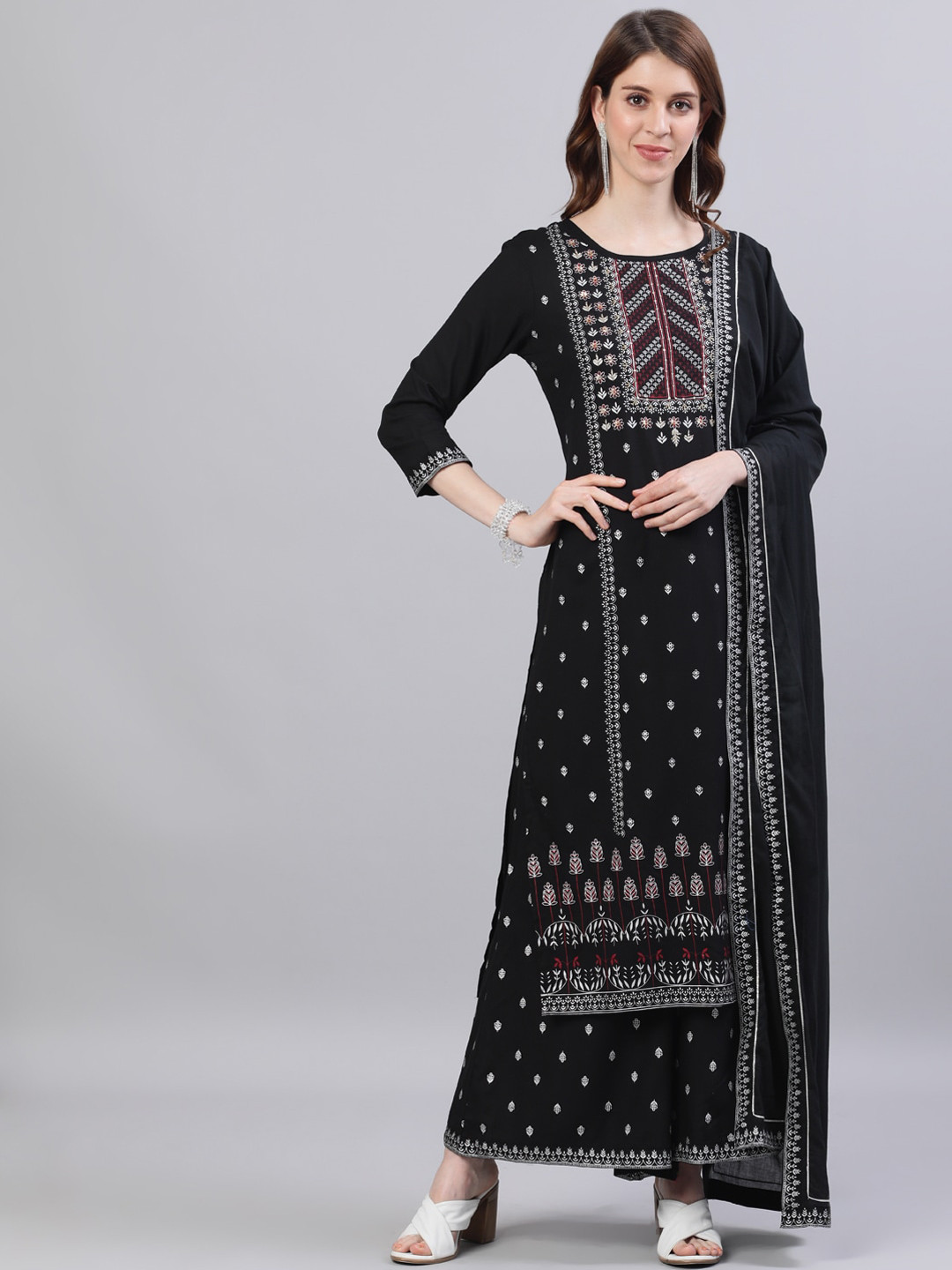 Ishin Women Black Ethnic Motifs Printed Panelled Kurta with Palazzos & Dupatta