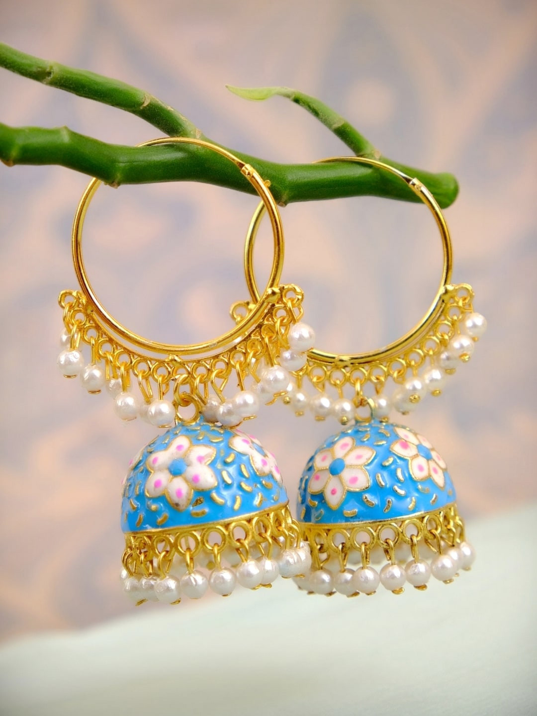 Crunchy Fashion  Gold-Plated Blue Contemporary Jhumkas Earrings
