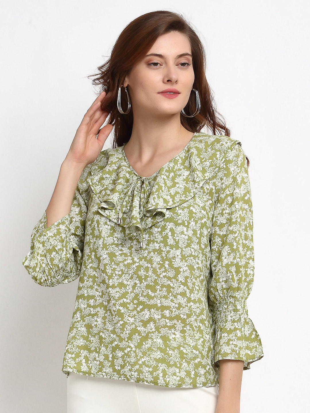 Gipsy Green Floral Tie-Up Neck Crepe Regular Top
