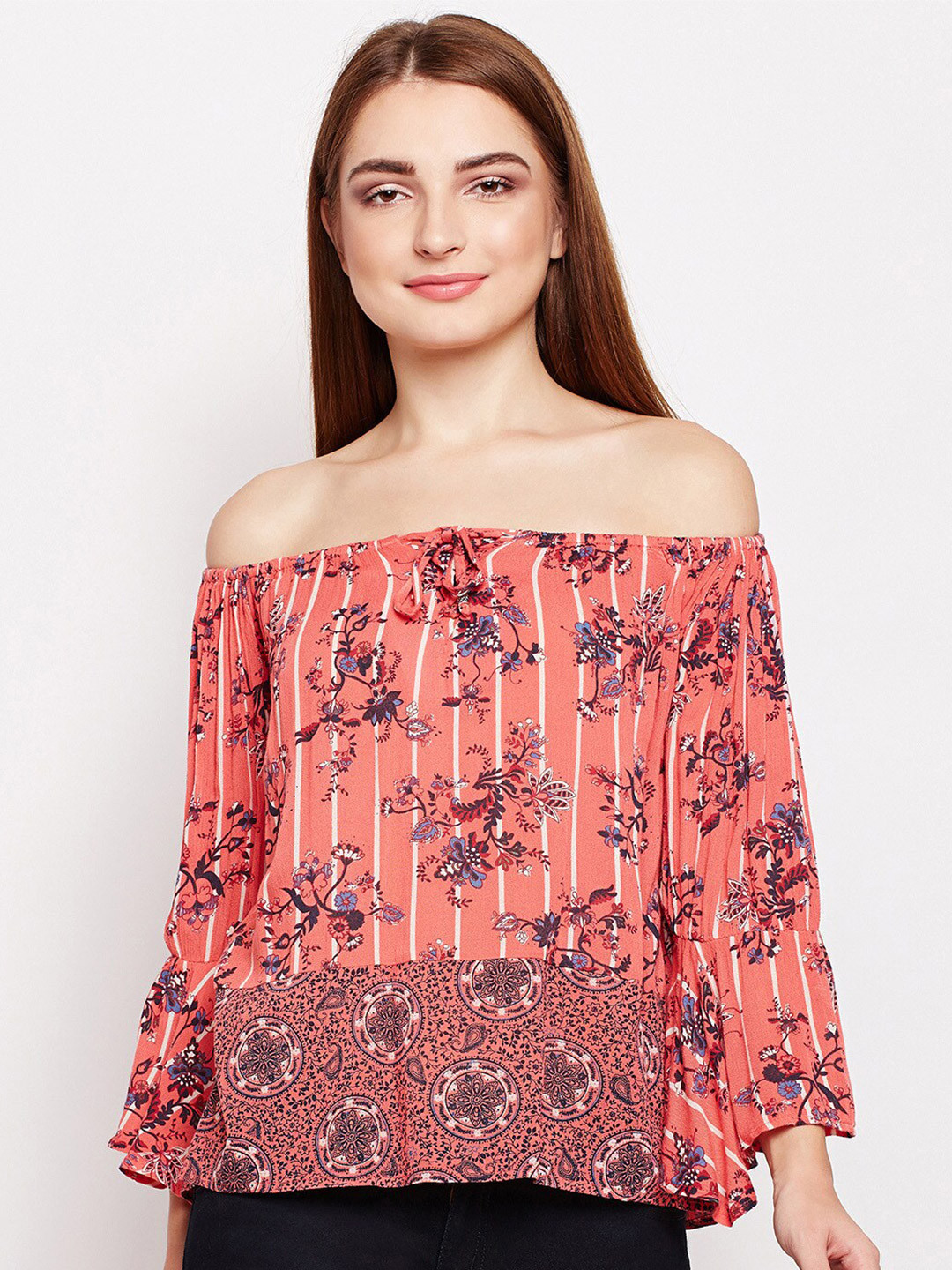 Oxolloxo Women Pink Floral Off-Shoulder Crepe Bardot Top