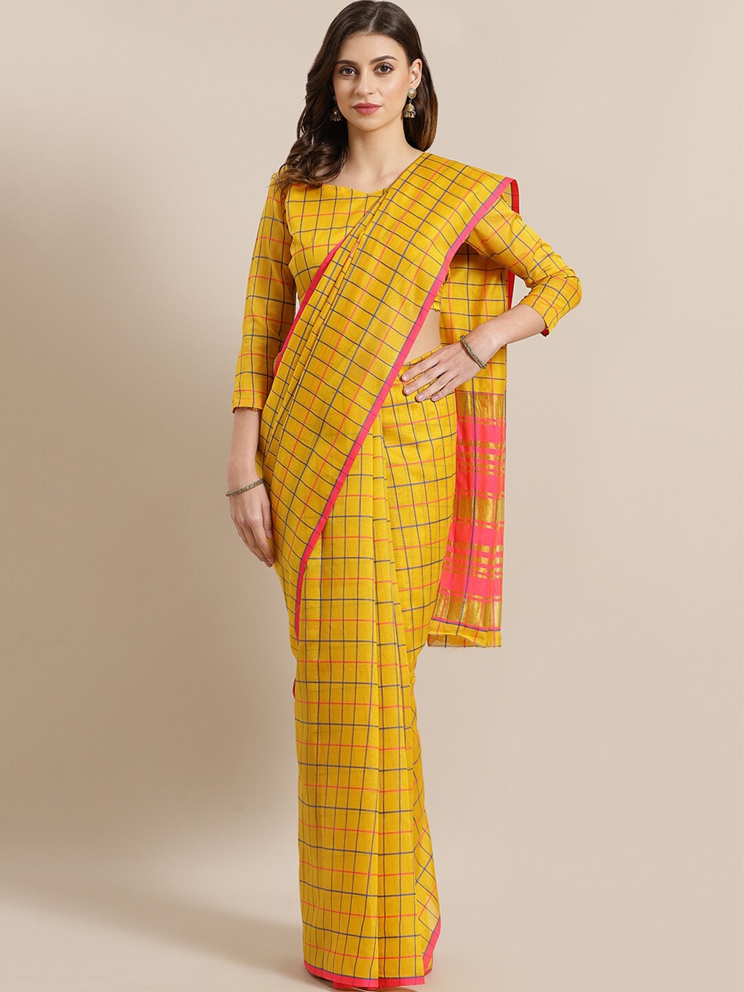 Saree mall Mustard Coral Checked Silk Cotton Sarees