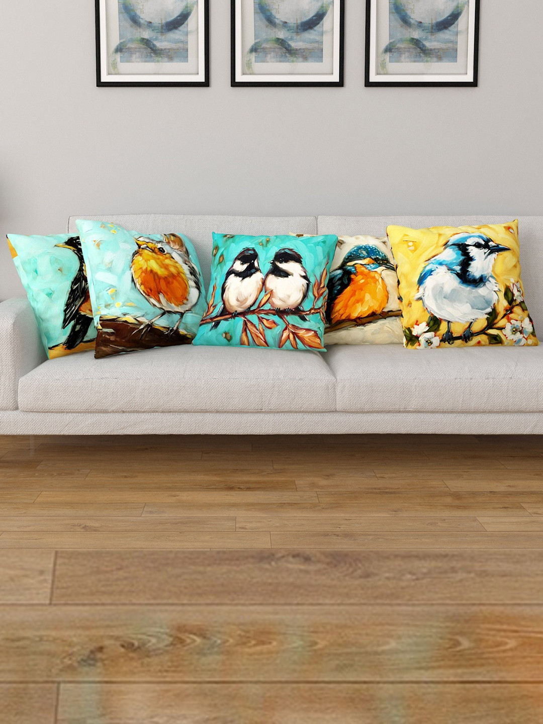 Home Centre Sea Green & Yellow Set of 5 Quirky Square Cushion Covers