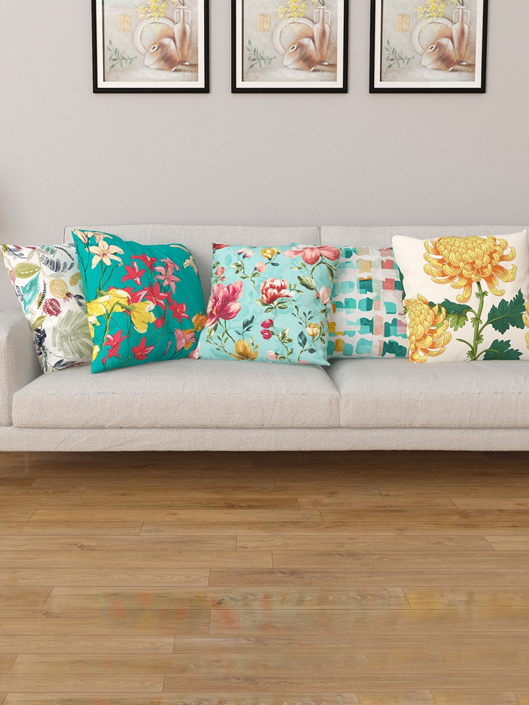 Home Centre Blue & White Set of 5 Floral Square Cushion Covers