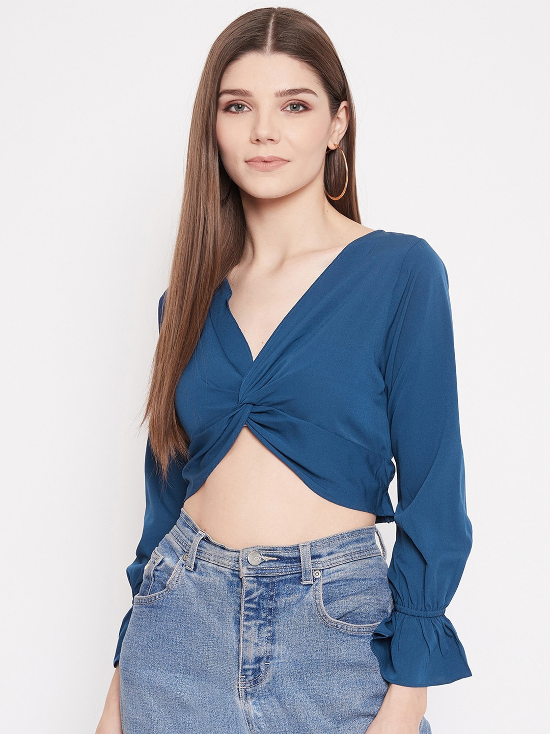 Berrylush Blue Crepe Regular Crop Top