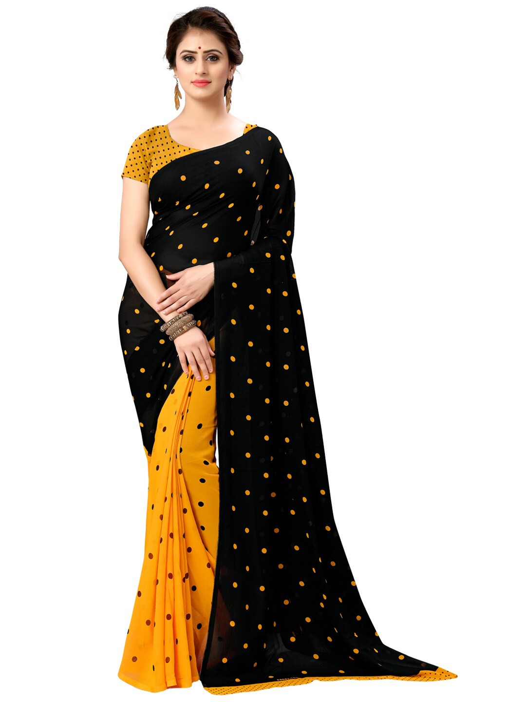 Moda Rapido Yellow & Black Polka Dot Poly Georgette Saree