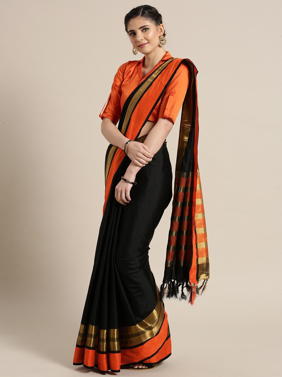 Saree mall Black & Orange Silk Cotton Sarees