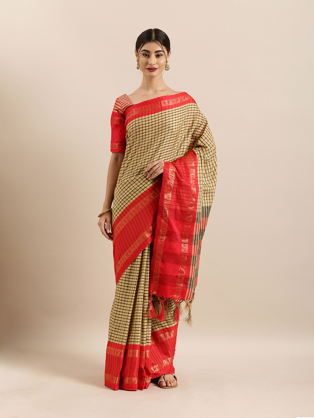 Kvsfab Beige & Red Checked Silk Cotton Saree