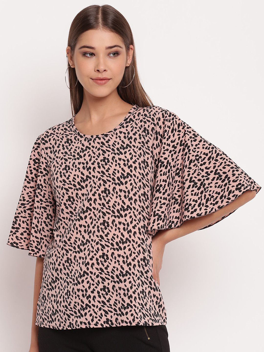 AKIMIA Peach & Black Animal Print Crepe Regular Top