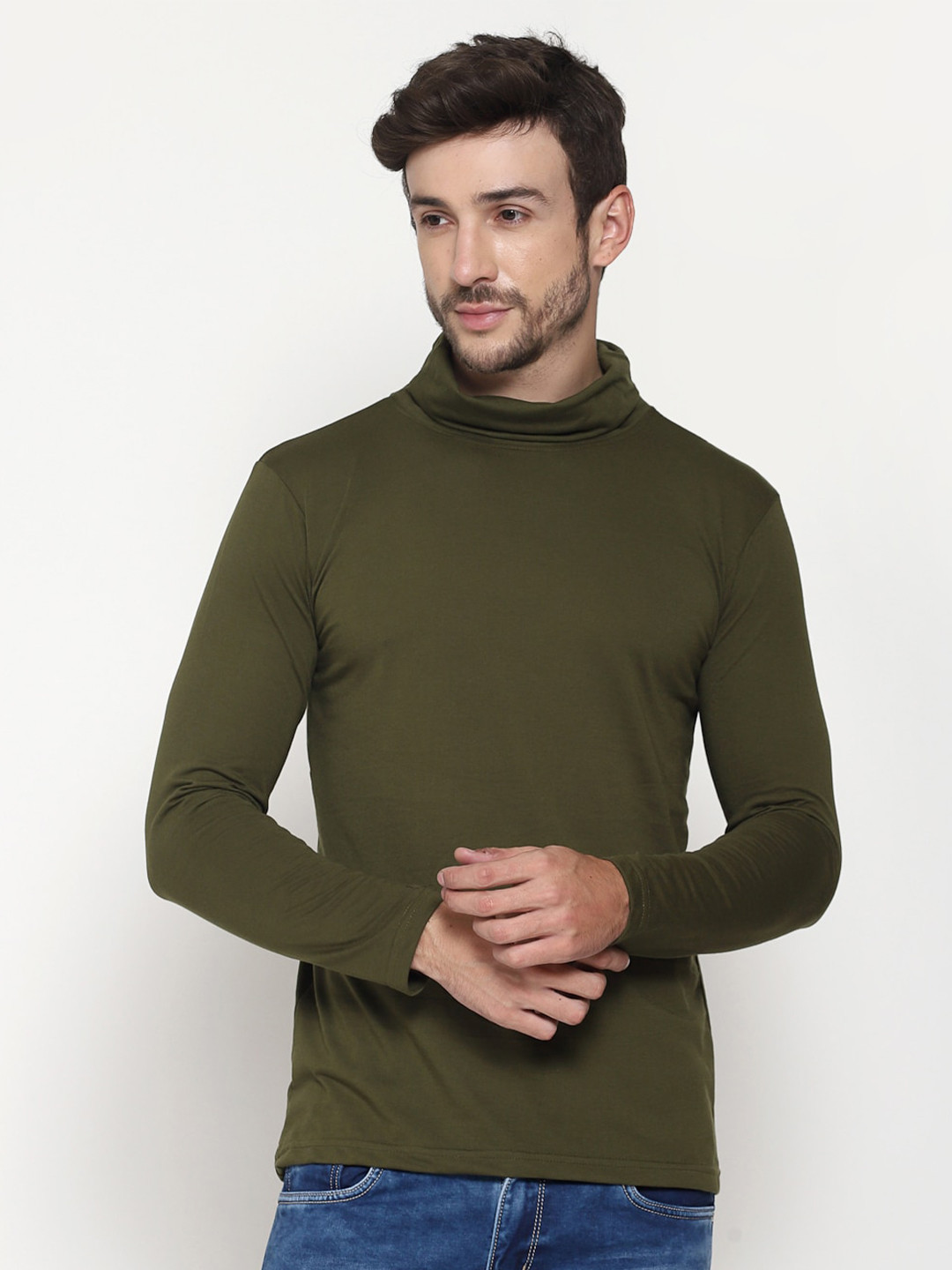 PAUSE SPORT Men Olive High Neck Slim Fit T-shirt