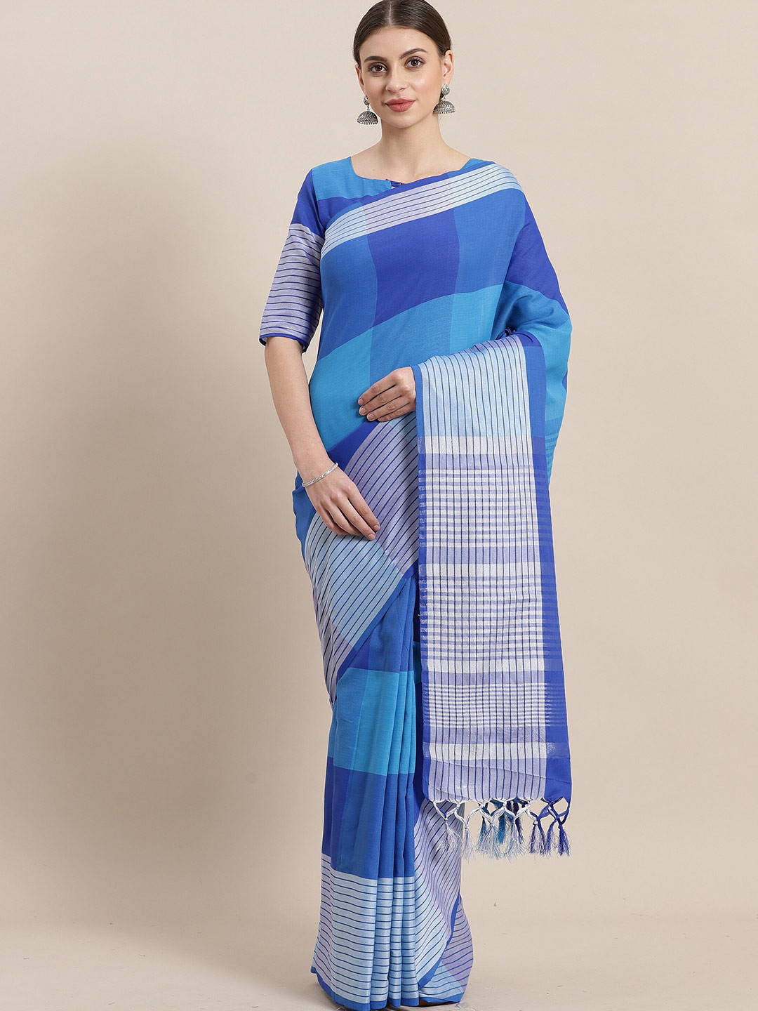 Saree mall Blue & Grey Checked Silk Cotton Sarees