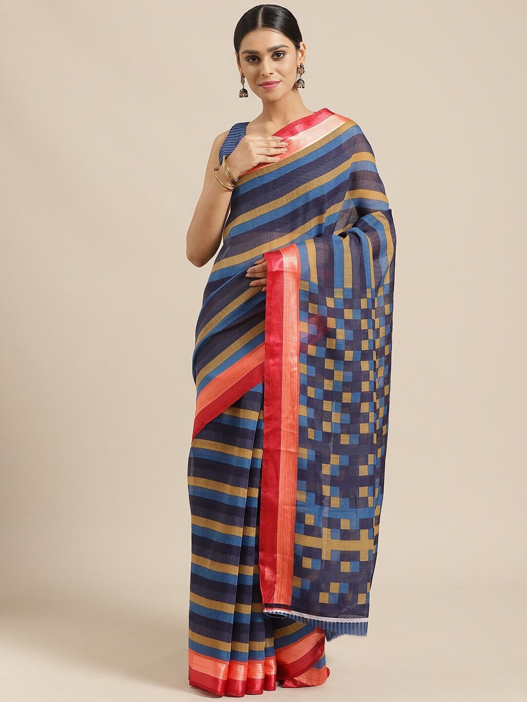 Saree mall Blue & Red Striped Silk Cotton Sarees