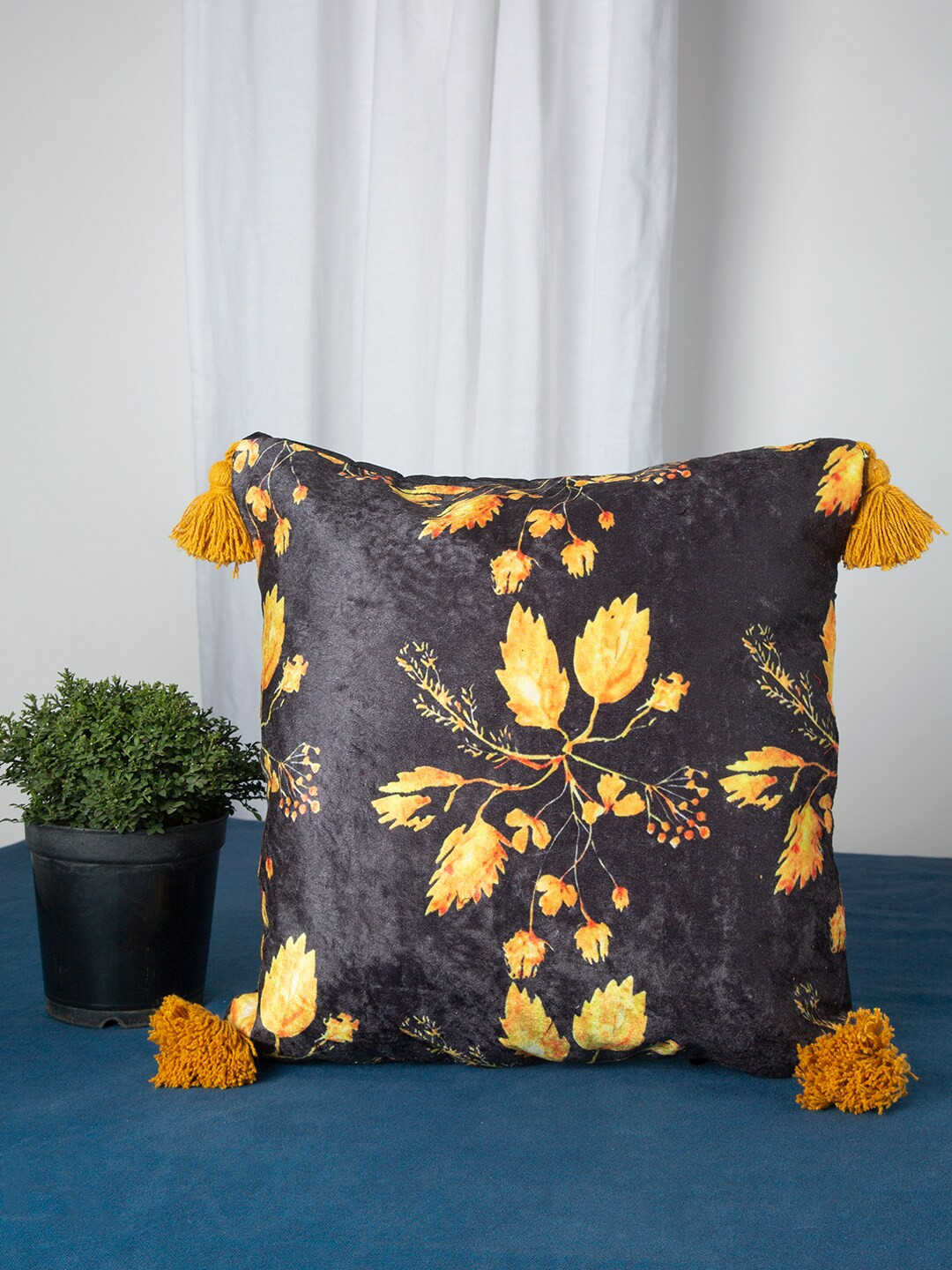 HOSTA HOMES Charcoal Black & Yellow Floral Single Velvet Square Cushion Cover