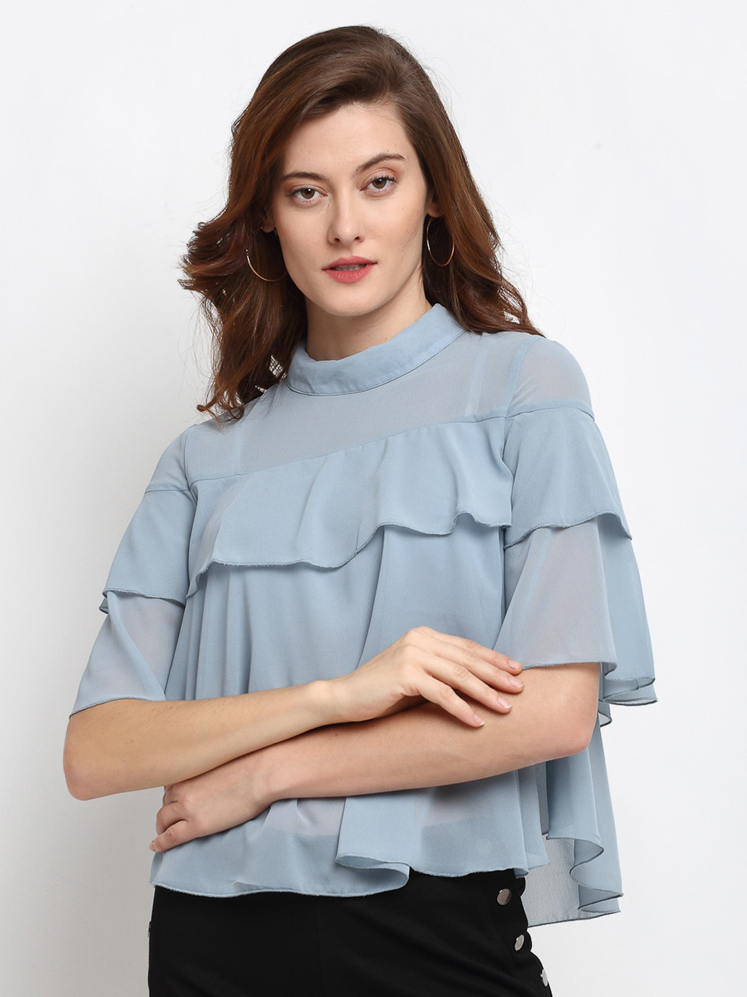 Gipsy  Women Blue Flutter Sleeve Ruffles Georgette Regular Top