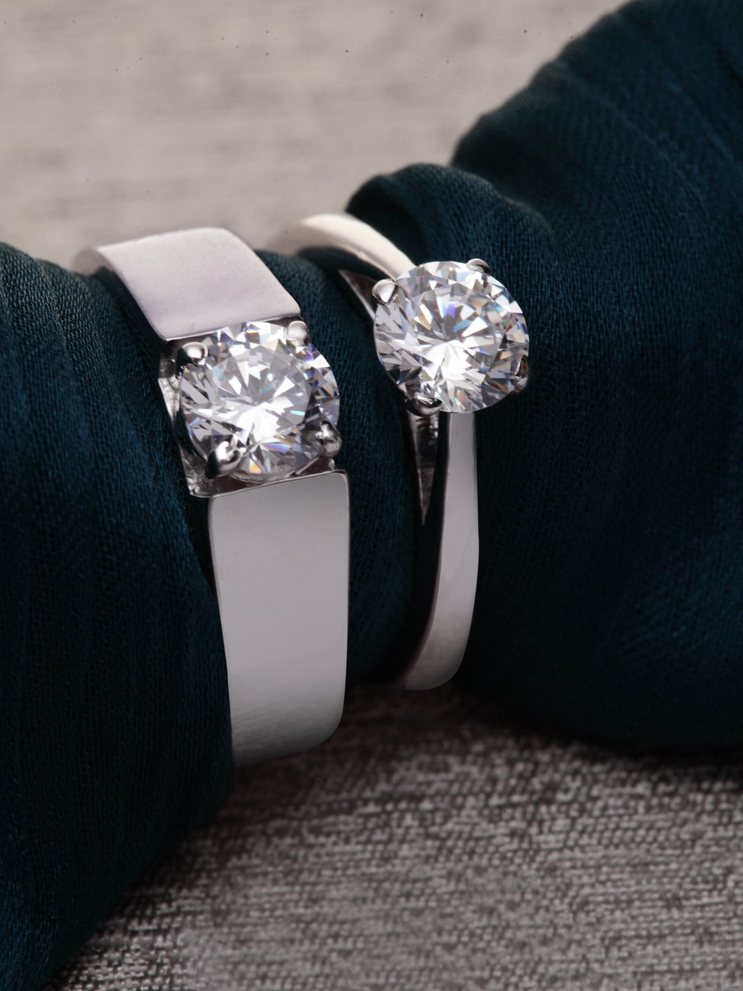 Clara Set Of 2 25 Sterling Silver Silver-Toned White Swiss Zirconia-Studded Adjustable Couple Rings