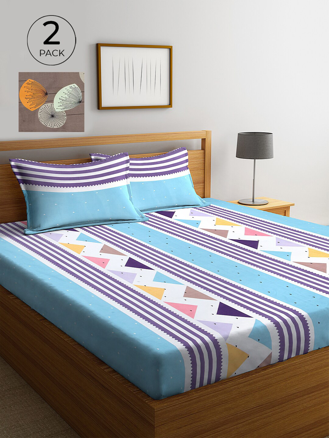 KLOTTHE Multicoloured Geometric Cotton 300 TC King Fine 2 Bedsheet with 4 Pillow Covers-98 x 85 inches