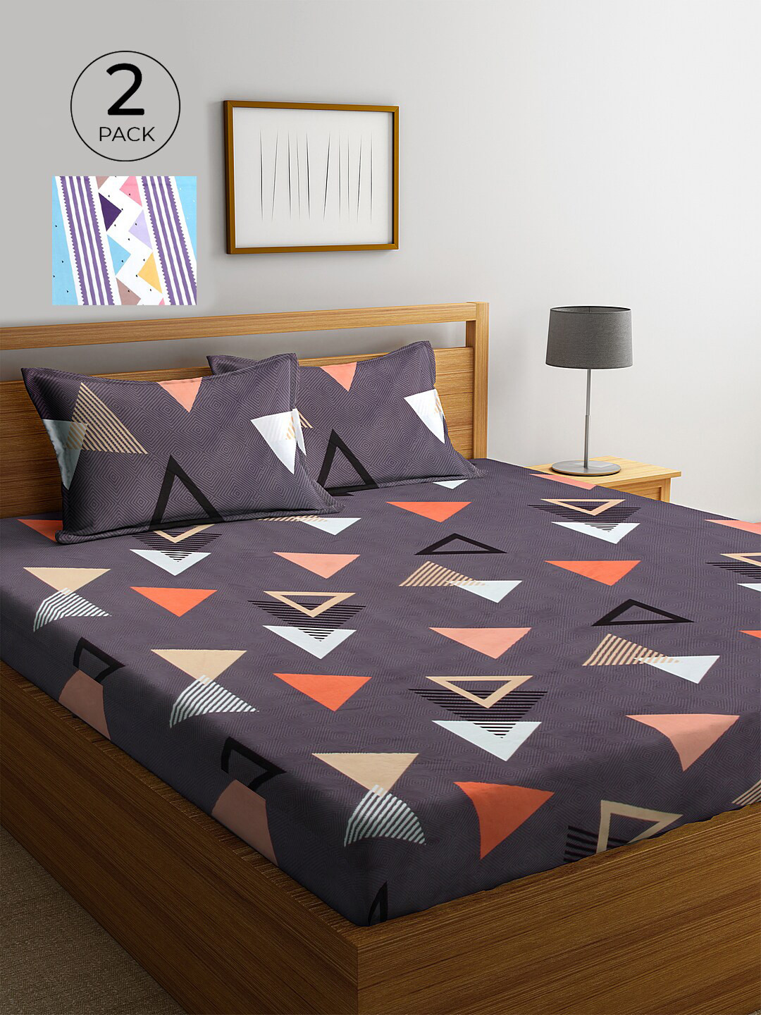 KLOTTHE Grey Geometric Cotton 300 TC King Fine 2 Bedsheet with 4 Pillow Covers-250 x 215 cm