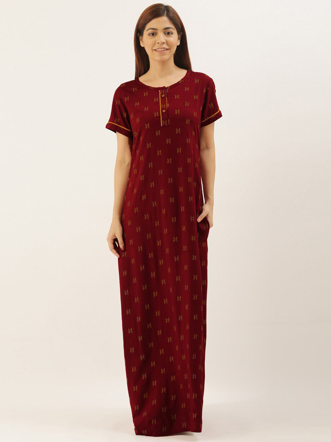 Bannos Swagger Maroon Printed Maxi Nightdress