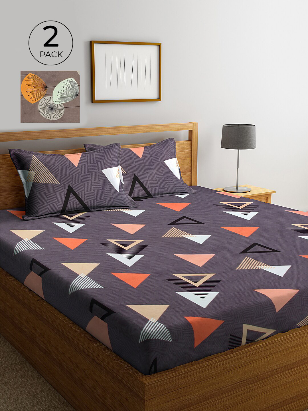 KLOTTHE Purple Geometric Cotton 300 TC King Fine 2 Bedsheet with 4 Pillow Covers-98 x 85 inches