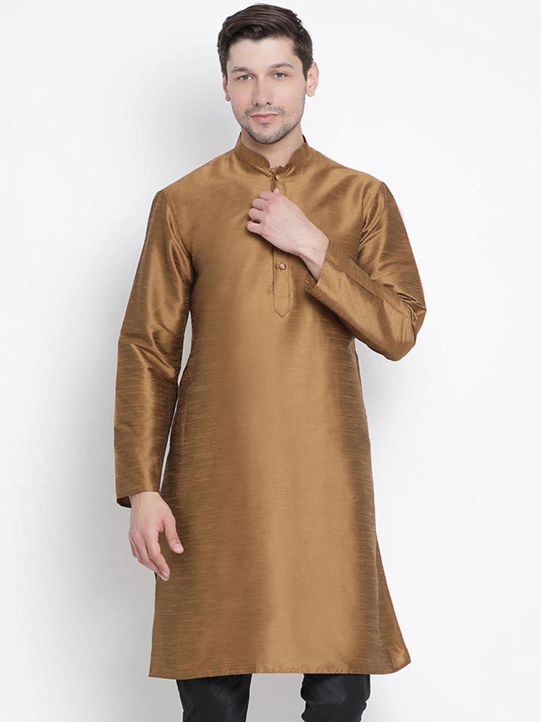 VASTRAMAY Men Coffee Brown Thread Work Kurta