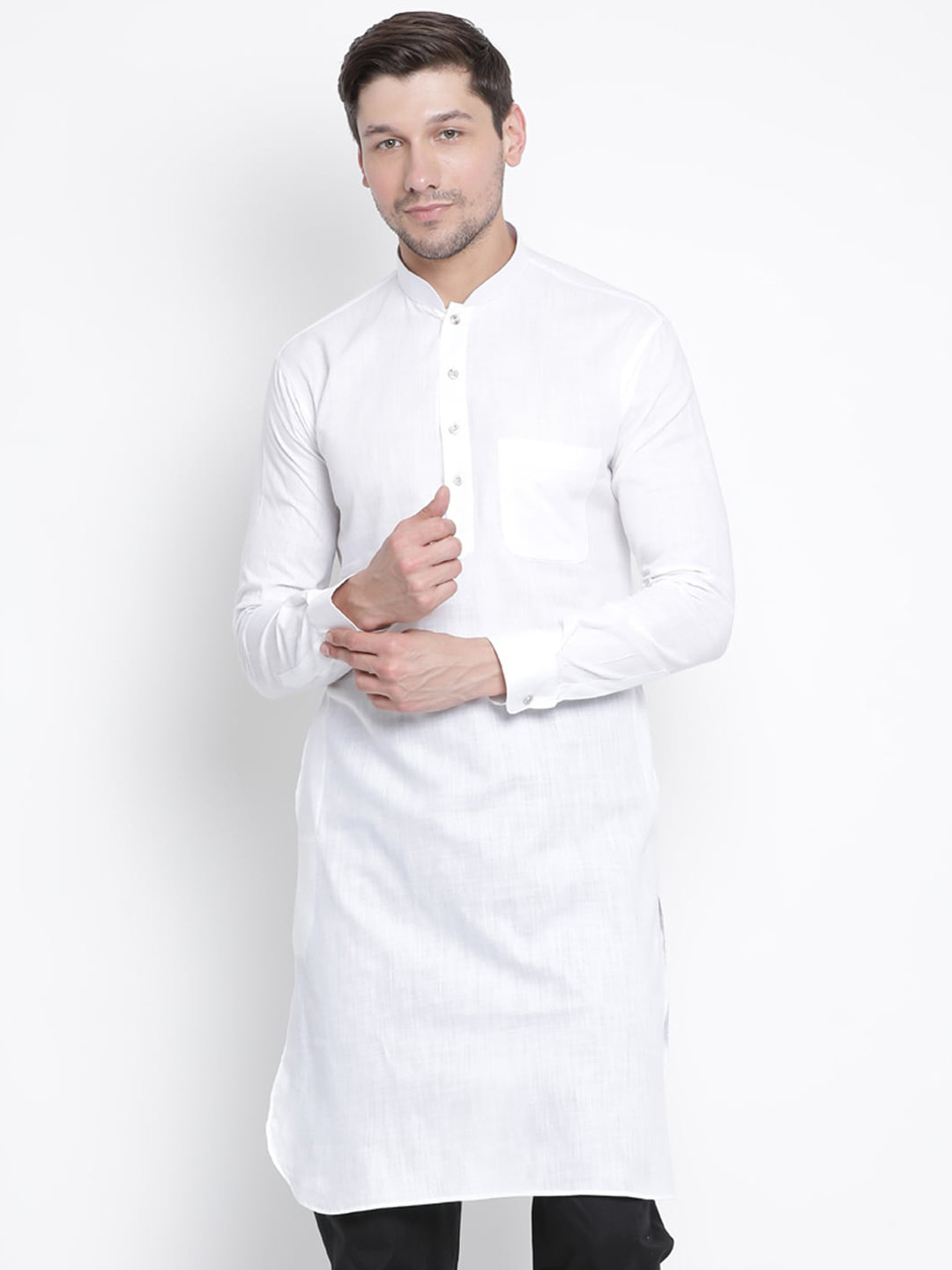 VASTRAMAY Men White Pathani  Linen Blend Kurta