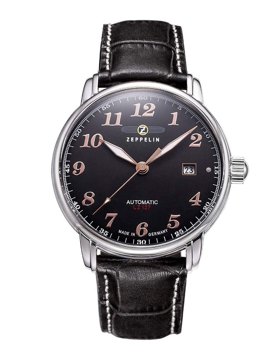 ZEPPELIN Men Black Embellished Dial & Black Leather Straps Analogue Automatic Motion Powered Watch