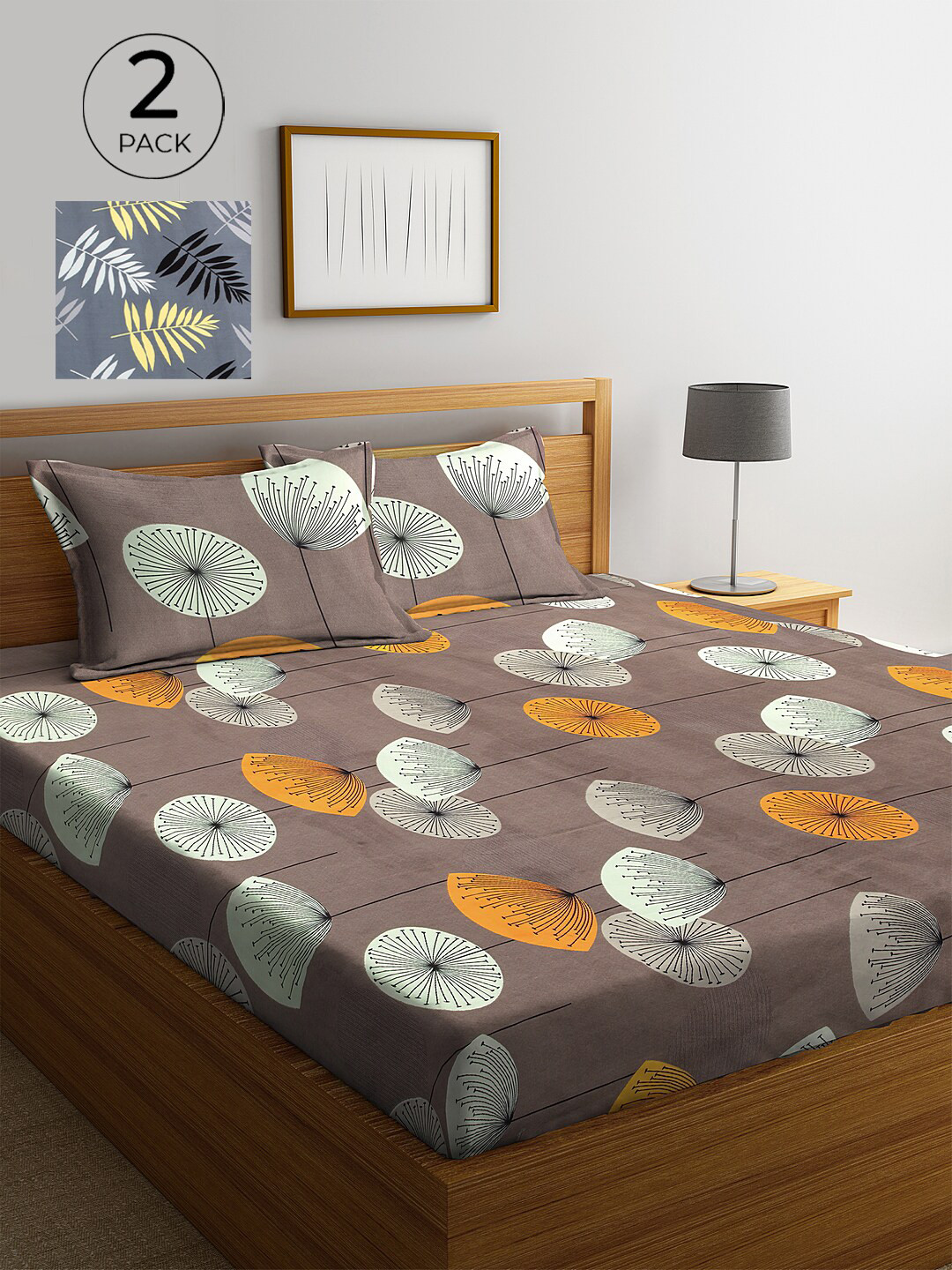 KLOTTHE Grey Abstract Polycotton 300 TC King Fine 2 Bedsheet with 4 Pillow Covers-98 x 83 inches