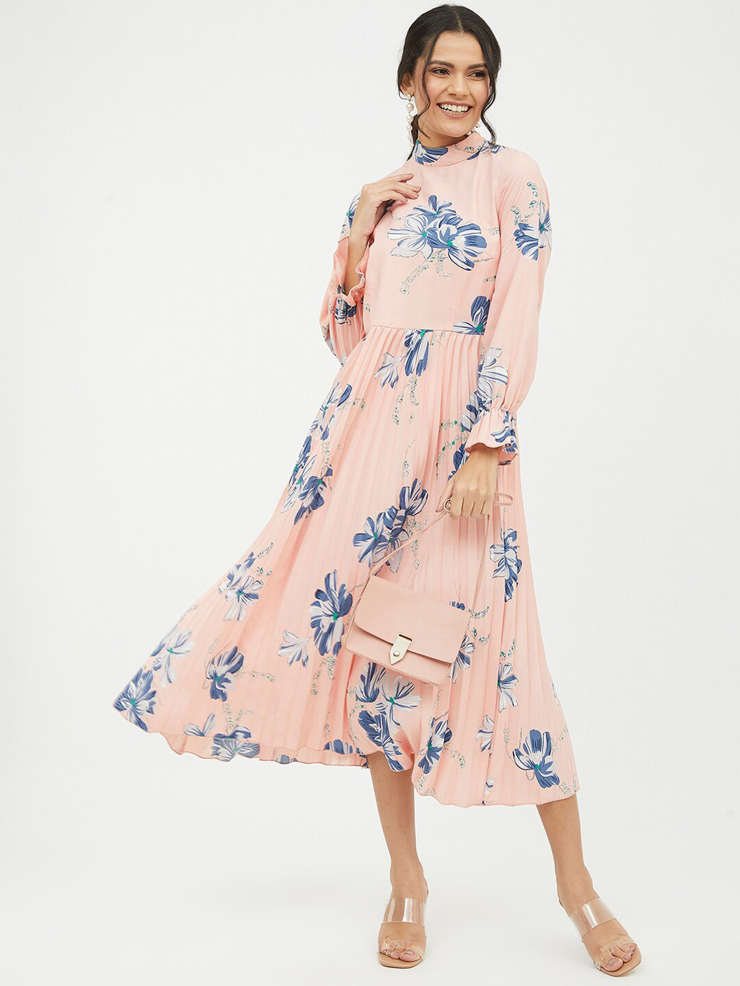 Harpa Peach & Blue Floral Midi Dress