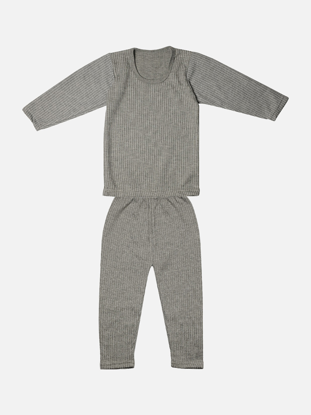 TINY HUG Girls Grey Melange Striped Cotton Thermal Set