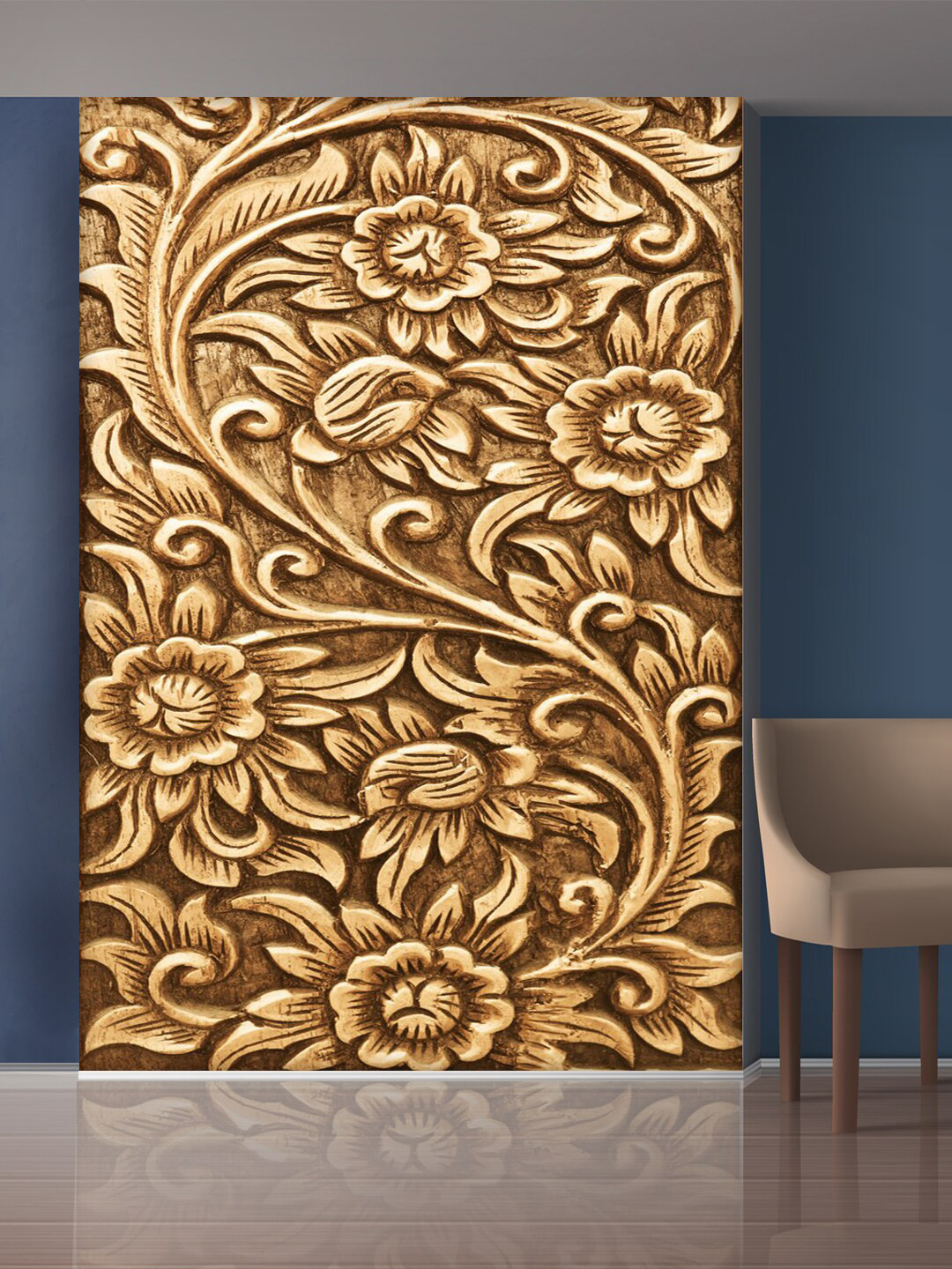 999Store Gold-Toned Leaves And Flowers Mural Self-Adhesive Wallpaper