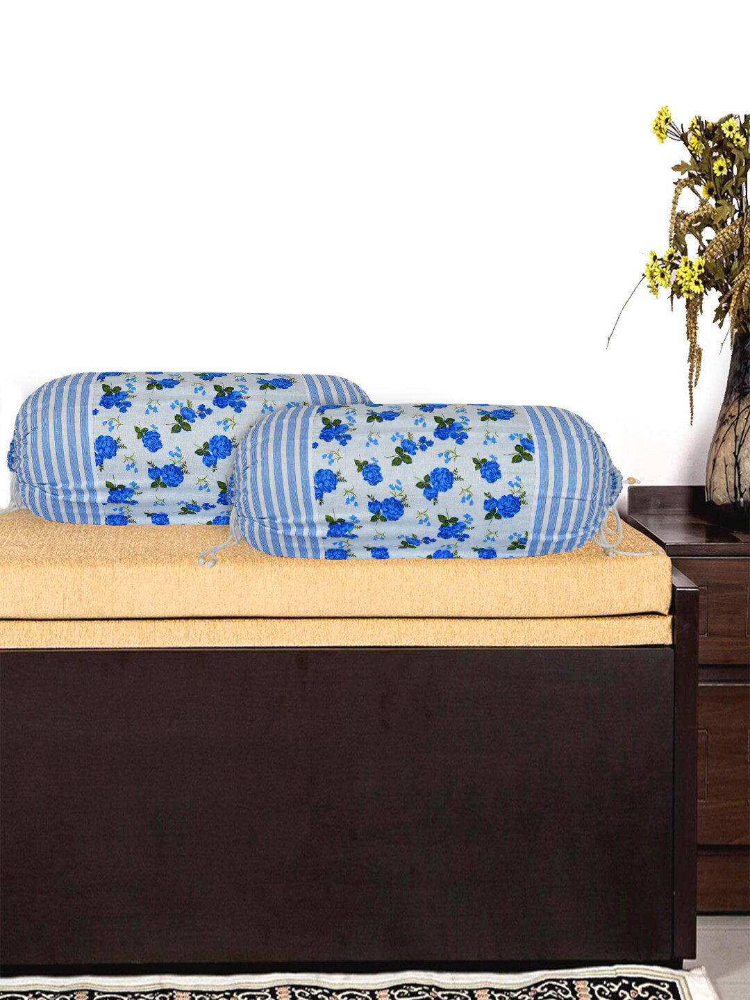 Kuber Industries Set Of 4 Blue & White Floral Printed Cotton Bolster Covers