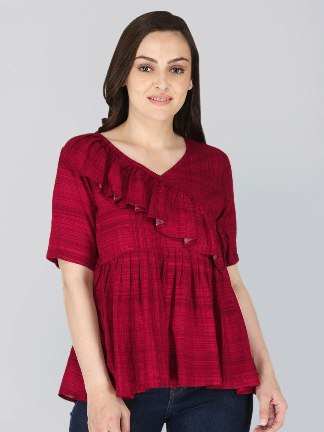 FLAMBOYANT Women Maroon Geometric Printed  & Frilled Empire Top