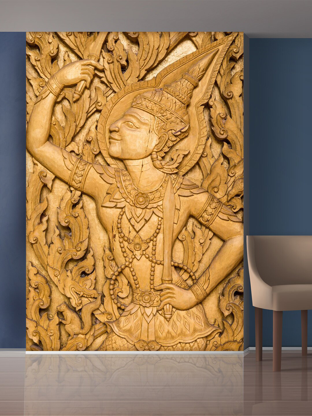 999Store Gold-Toned Golden Leaves and Man Statue Mural Wall Sticker