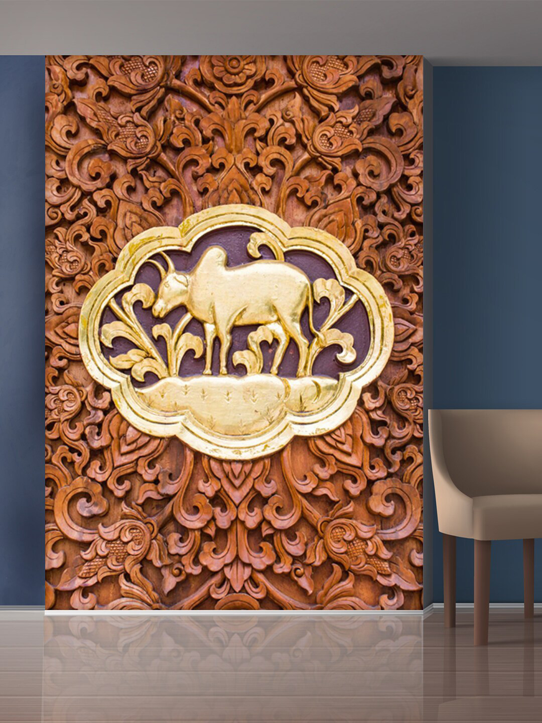 999Store Brown & Gold-Toned Flowers & Cow Mural Wallpaper