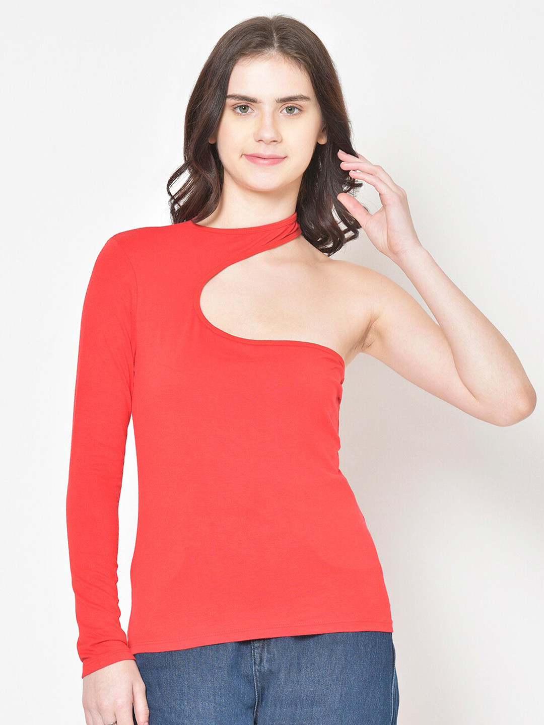 Cation Women Red Choker Neck Regular Crop Top