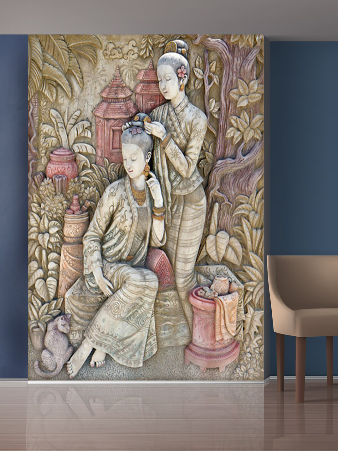 999Store Olive Green & Maroon Forest & Sitting Ladies Wall Sticker