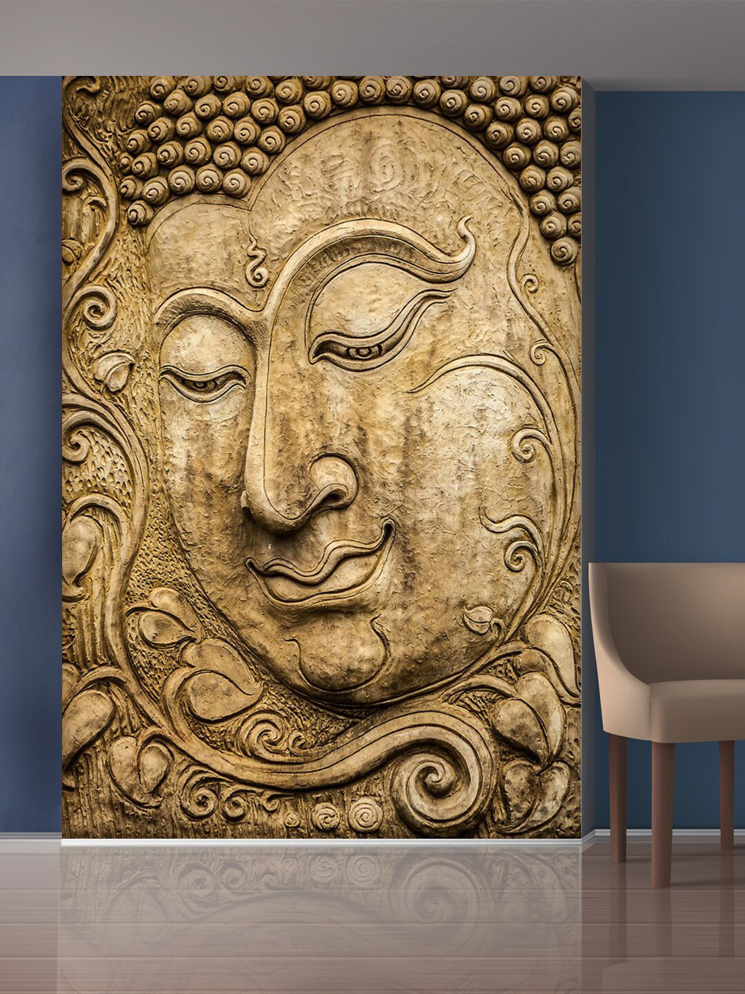 999Store Gold-Toned Leaves & Buddha Face Mural Wallpaper