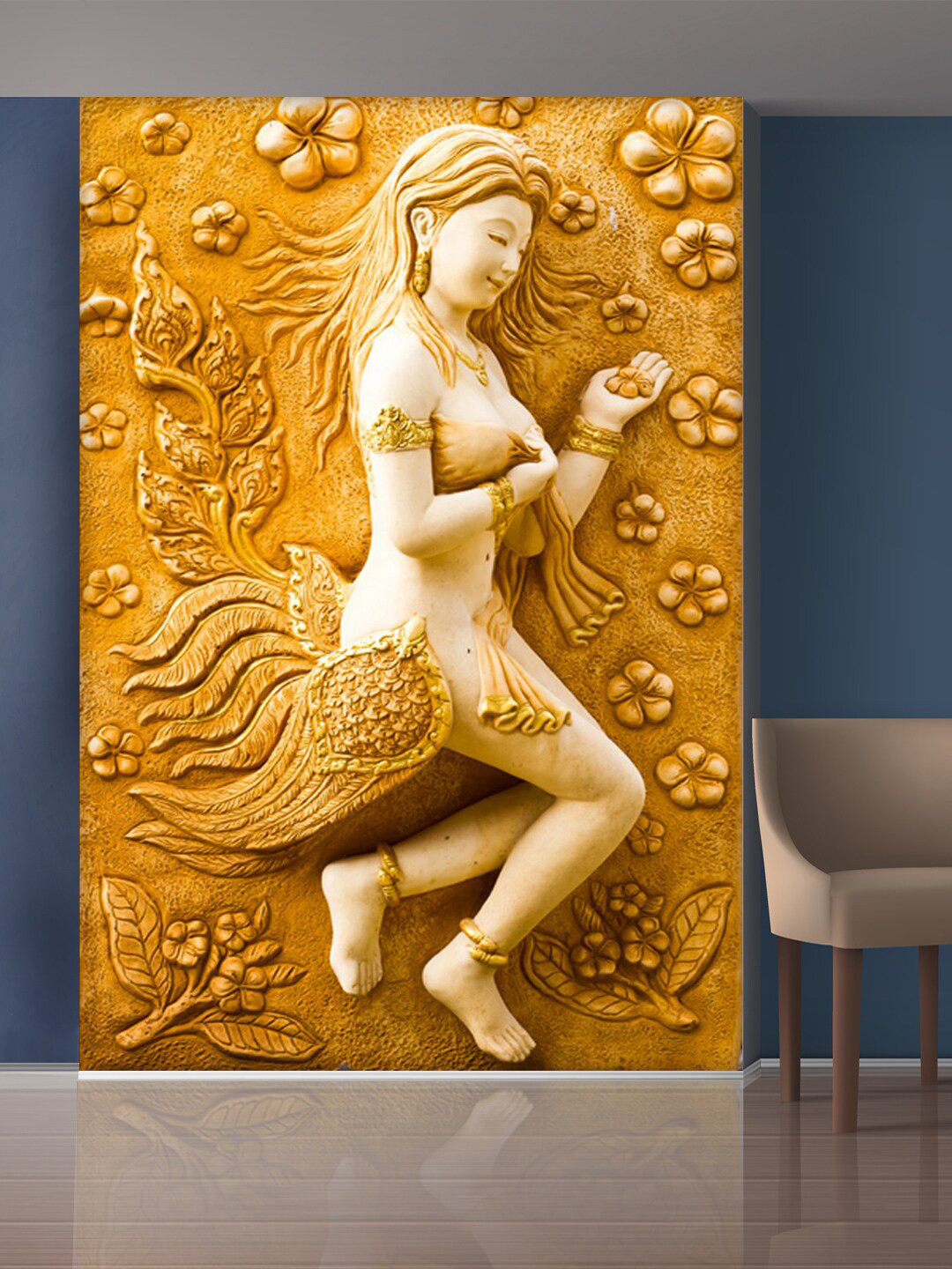 999Store Gold-Toned & White Flowers & Angel Mural Wall Sticker