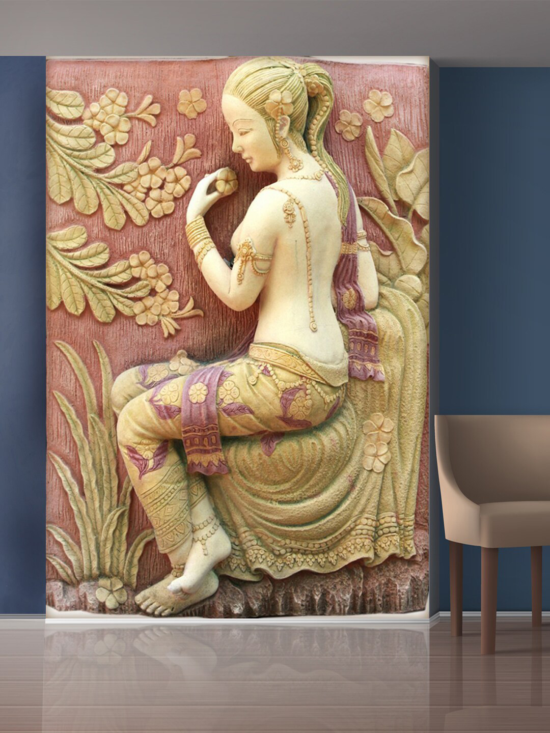 999Store Gold-Toned & Red Flowers And Leaves With Sitting Lady Mural Wall Stickers